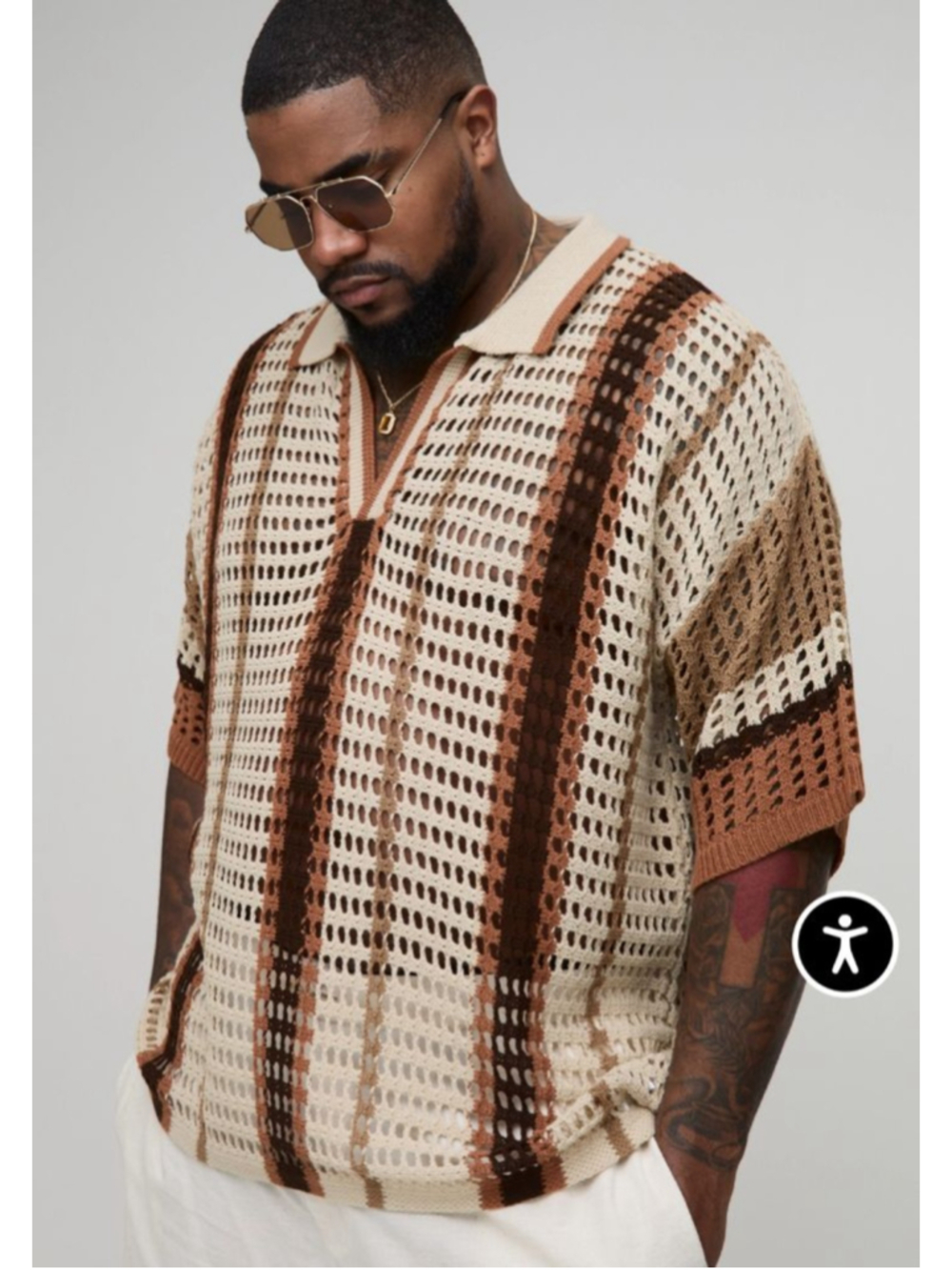 Men's boohooMAN Beige Brown Striped Knit Polo Sweater M